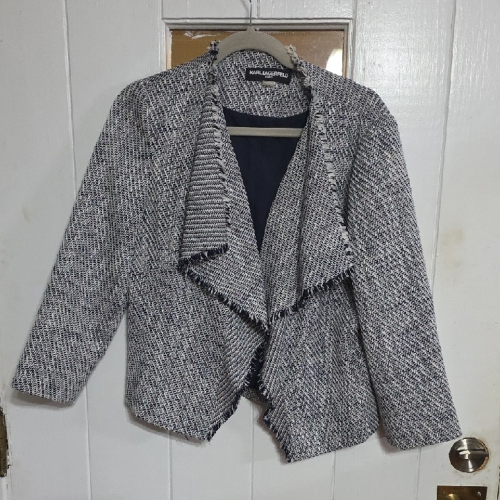 Karl Lagerfeld Paris Womens Blazer Navy/White Woven Fringe Shawl Front Sz XL EUC